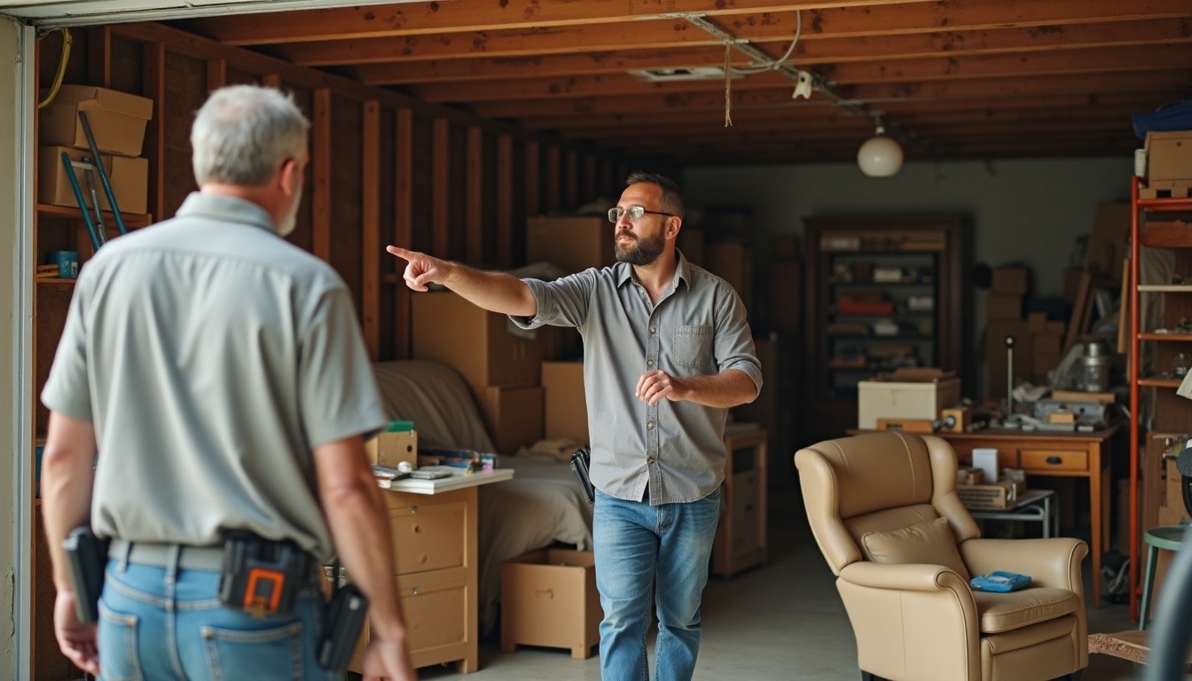 Worker walking a homeowner through a cluttered garage and pointing at a pile
