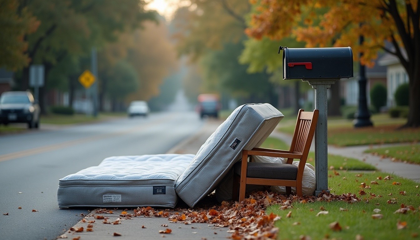 Curbside pile of a mattress, a broken chair and bagged leaves beside a mailbox