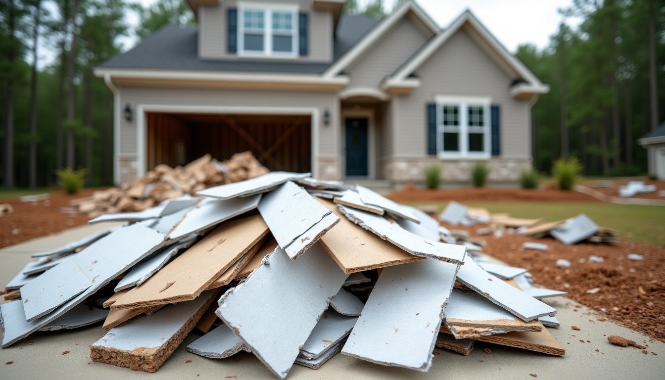 Pile of broken drywall, lumber offcuts and cardboard packaging in the driveway of a new two-story home