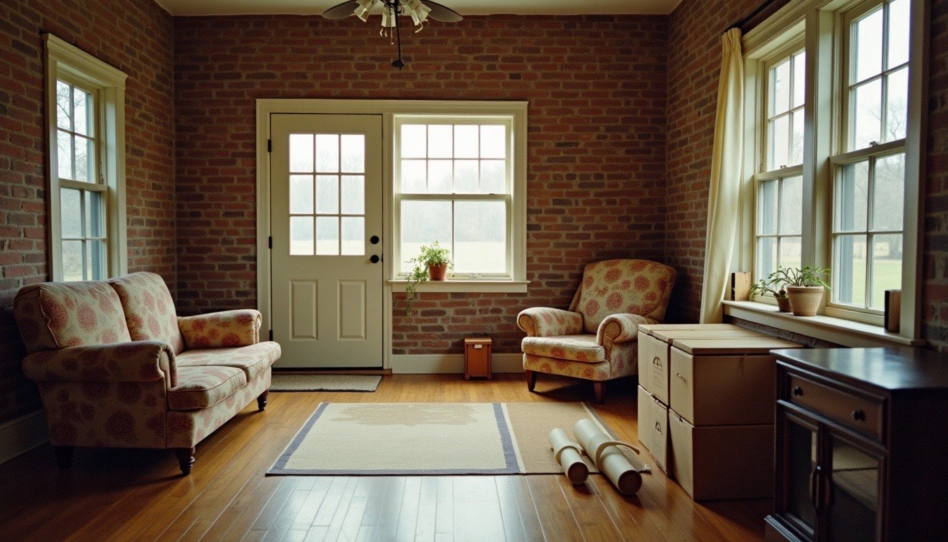 Nearly empty brick-walled living room with a floral loveseat and armchair, stacked cardboard boxes and a small rug by the door