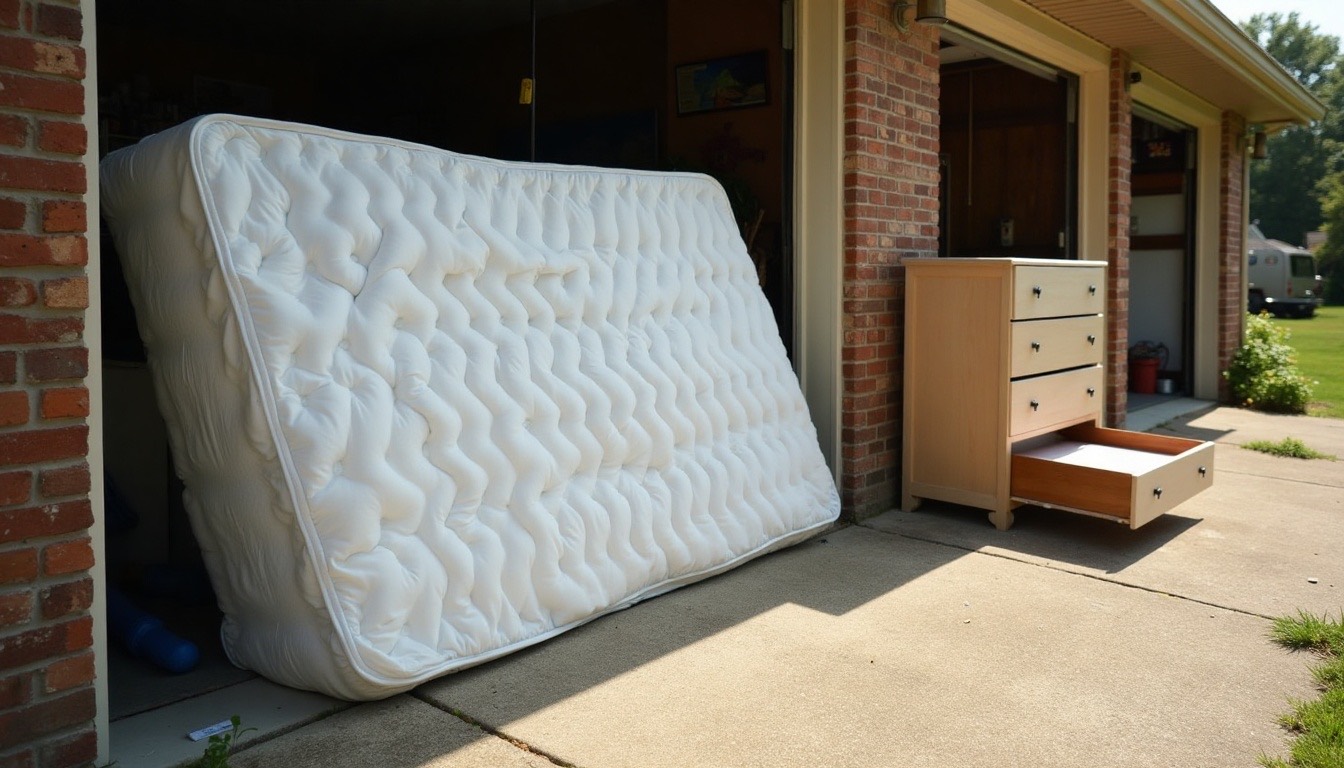 Bare mattress leaning against the brick wall of an open garage next to a dresser with its bottom drawer pulled out