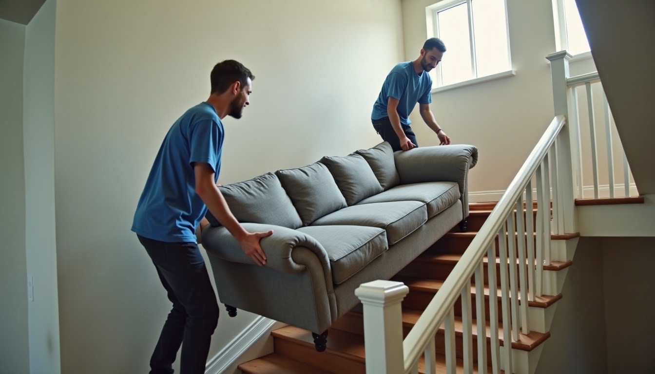 Two workers angling a grey sectional sofa down an interior staircase