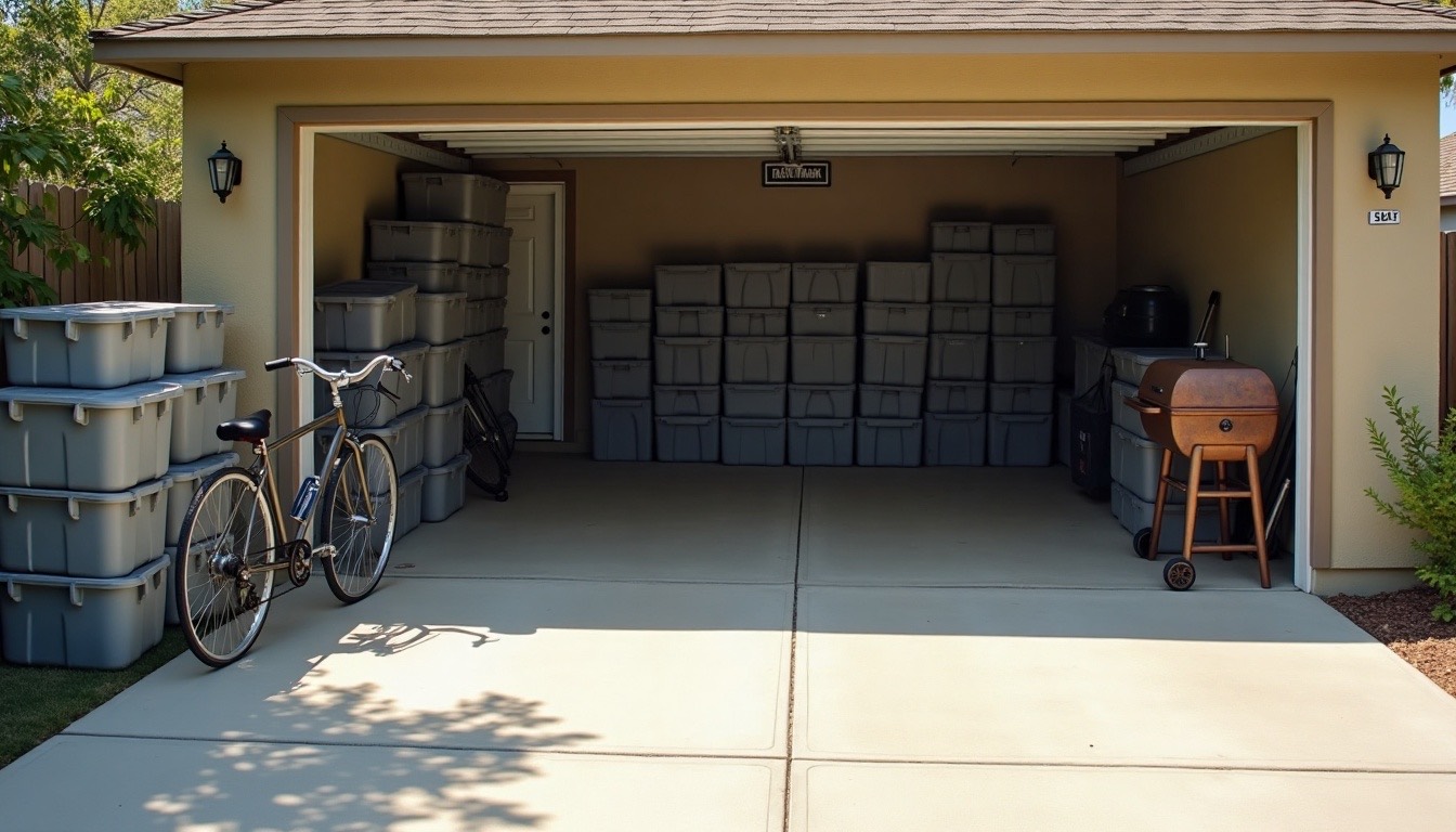 Two-car garage half cleared, one side swept and the other still stacked with totes, a bike and an old grill
