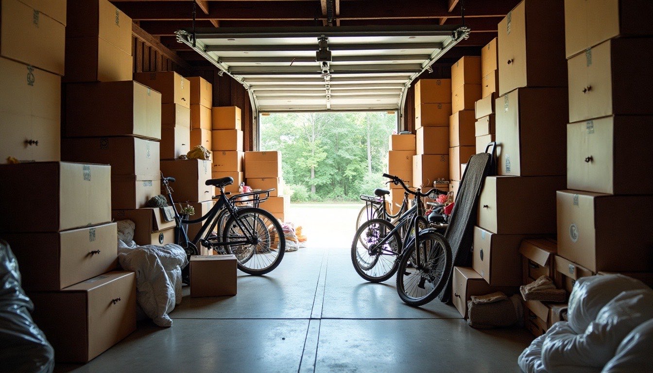 Two-car garage stacked floor to ceiling with plain cardboard boxes, several bicycles, a rolled rug and bags of junk, door open to the yard