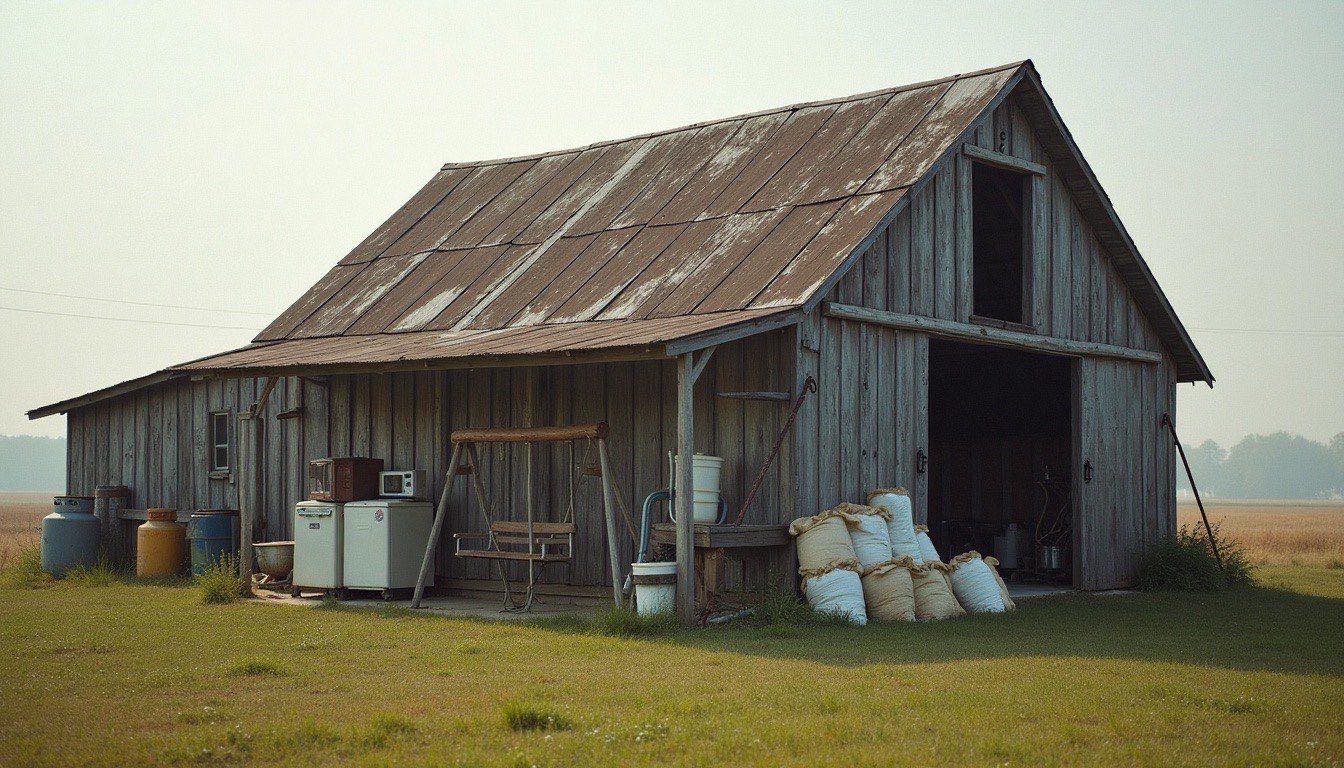 Weathered wooden barn on a grassy lot with old appliances, a rusted swing set and feed sacks piled by the door