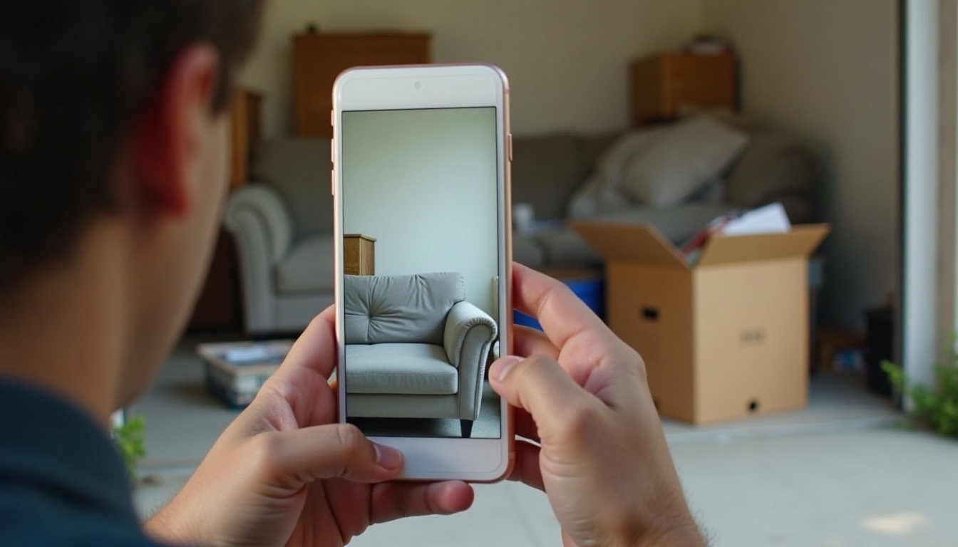 Hands holding a phone framing a photo of a garage junk pile with a sofa and boxes